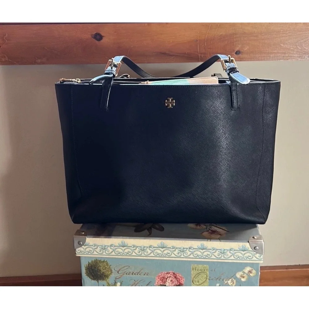 Tory Burch Emerson Small Buckle Tote Black Saffiano Leather Shoulder Bag Handbag